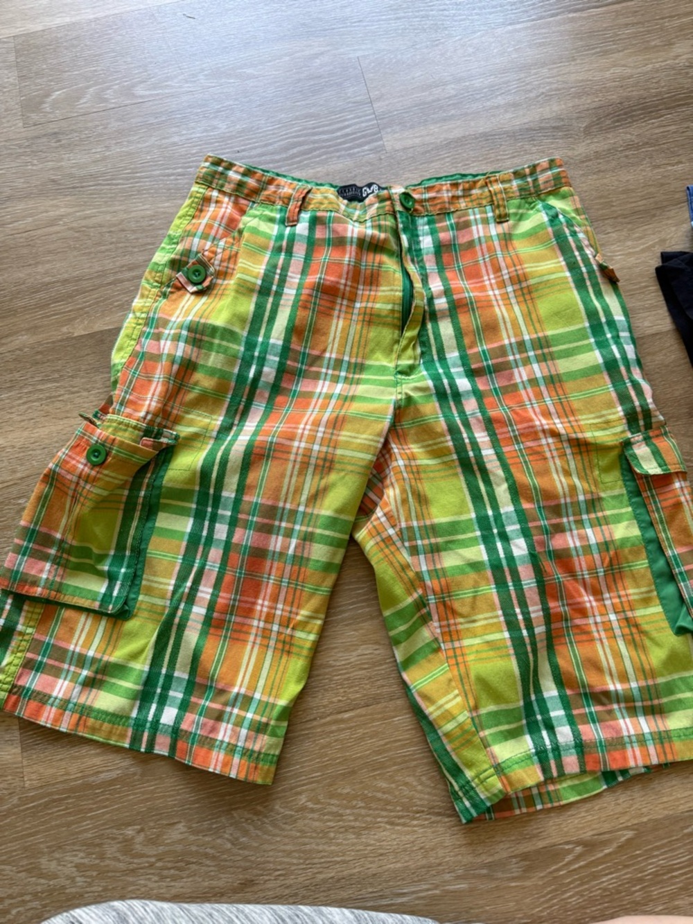 Plaid Cargo Shorts in Green, Orange & Yellow